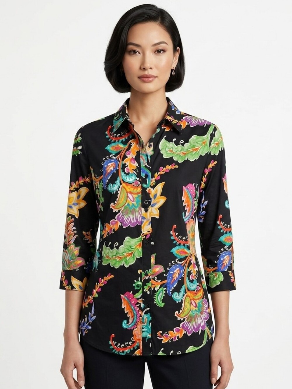 Lauren Ralph Lauren Black Button-Up Cotton Top with Vibrant Colorful Print Sz 1X
